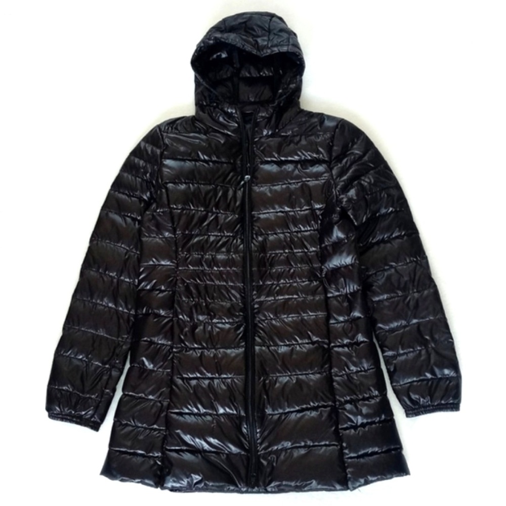 Black Quilted Puffer Coat Shimmery Hooded Mid Length Lightweight Coat S/M